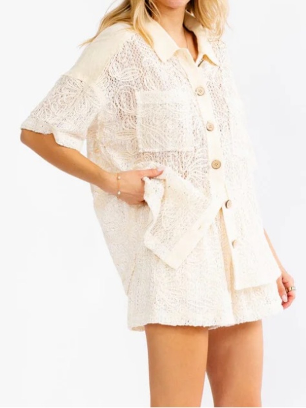 Boho NWT Cream Lace Button-Up Short Sleeve Shirt and shorts set size S-M-L